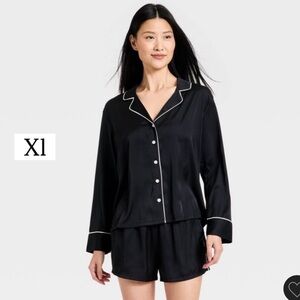 Auden Black Satin Pajama Set with White Trim